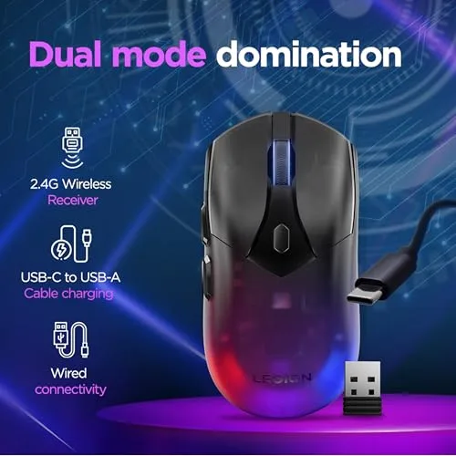 Lenovo ▫️ Legion M410 - Rato de jogos sem fios RGB (6 botões, iluminação RGB em 2 zonas, 16 000 dpi, 400 IPS, bateria recarregável com autonomia de 53 horas, compatível com NVIDIA Reflex) - Preto transparente 4