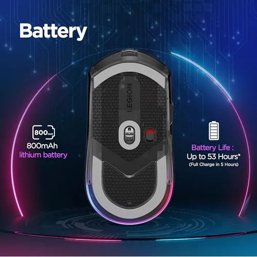 Lenovo ▫️ Legion M410 - Rato de jogos sem fios RGB (6 botões, iluminação RGB em 2 zonas, 16 000 dpi, 400 IPS, bateria recarregável com autonomia de 53 horas, compatível com NVIDIA Reflex) - Preto transparente 6