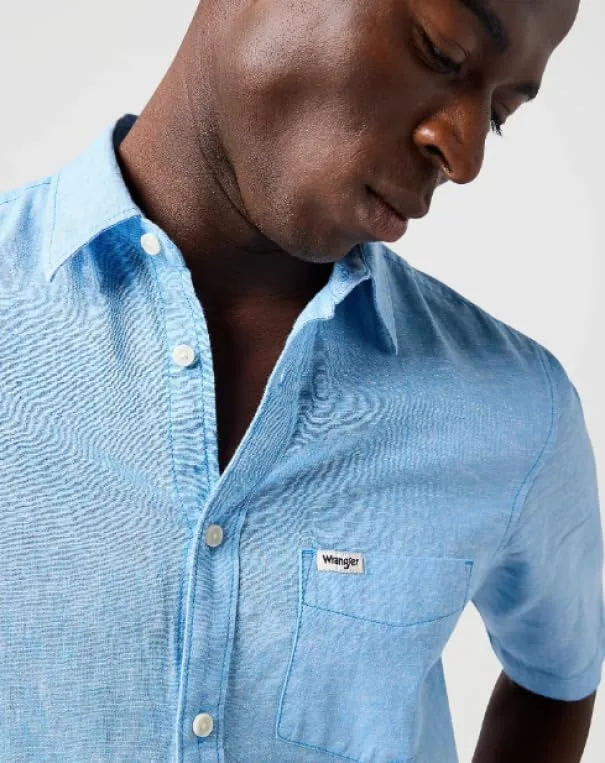 Wrangler ▫️ Camisa de homem - Corte regular - SS 1 Pkt Shirt - Azul do Pacífico 4