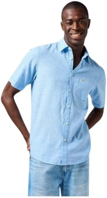 Wrangler ▫️ Camisa de homem - Corte regular - SS 1 Pkt Shirt - Azul do Pacífico