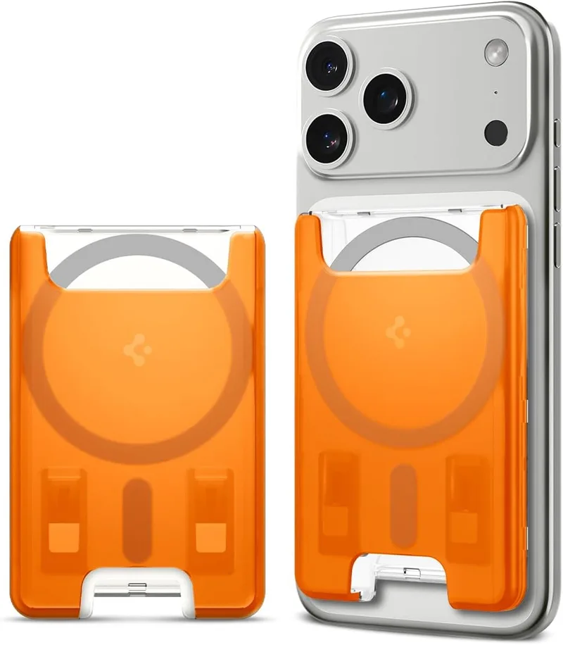 Spigen ▫️ Classic C1 MagFit - Porta-cartões magnético para 3 cartões, compatível com MagSafe e Pixelsnap | Porta-cartões magnético com estilo retrofuturista ao estilo do iMac, acesso fácil aos cartões e fixação segura - Tangerine