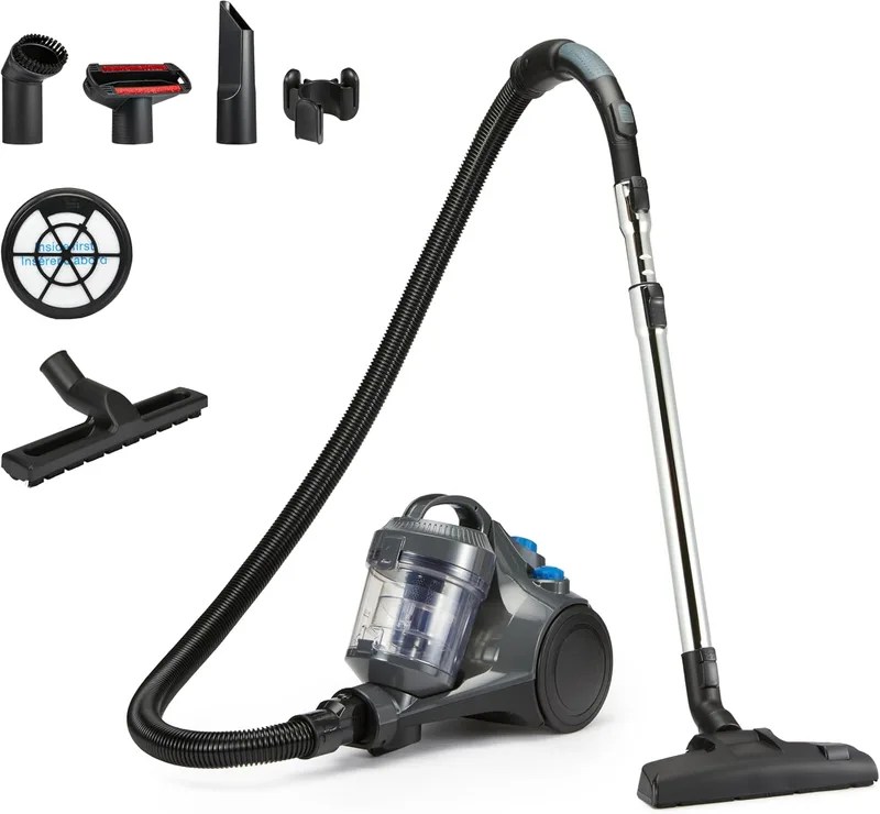 Amazon Basics ▫️ Aspirador sem saco cilíndrico, compacto e leve, com 1,3 L, bocal de tripla ação, filtro HEPA, 850 W, para tapetes e pisos duros, cinzento