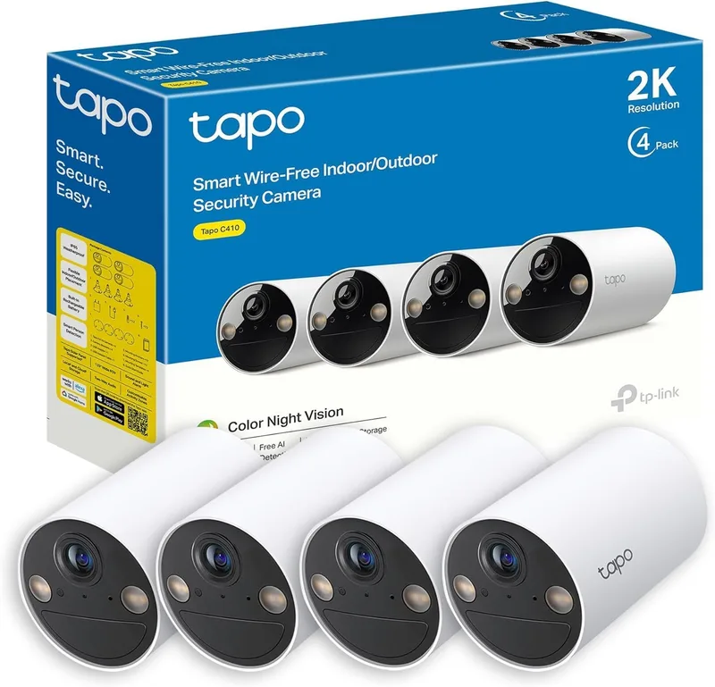 Tapo ▫️ C410 (conjunto de 4) - Câmara Wi-Fi com bateria para exterior/interior, 2K 3 MP, 6400 mAh, deteção de pessoas por IA, visão noturna a cores, não requer hub, compatível com painel solar
