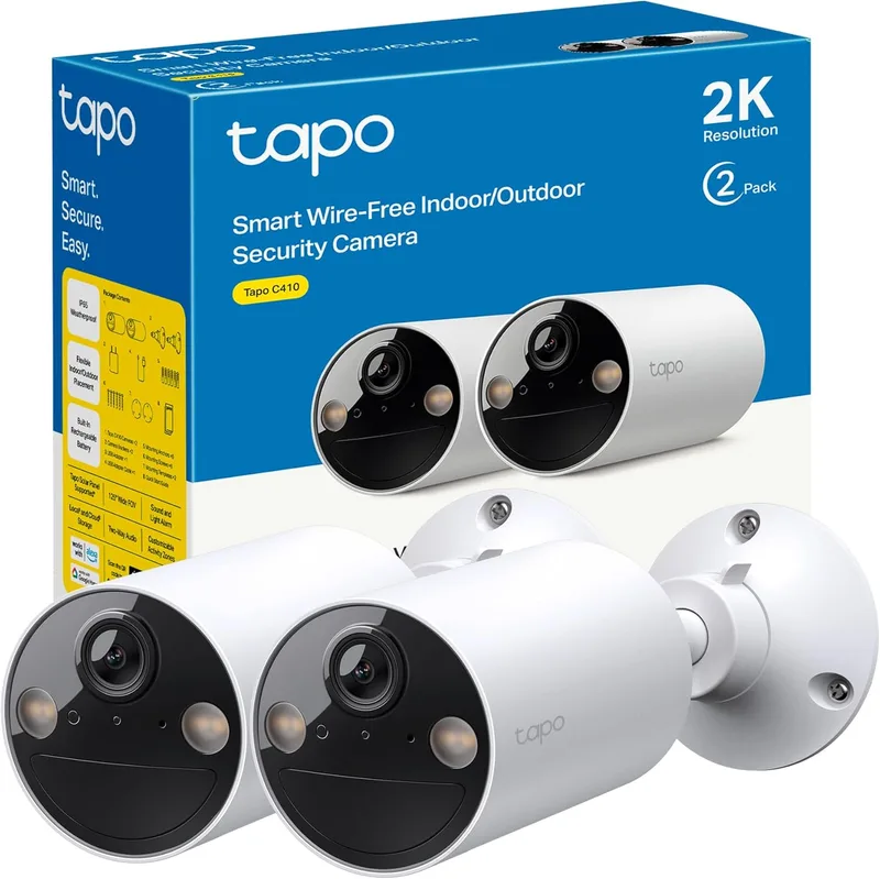 Tapo ▫️ C410 (embalagem com 2), visão nocturna a cores 2K 3MP, recarregável, painel solar, IP65, armazenamento local/nuvem, ângulo de 110°, alarme sonoro e retroiluminado, câmara de segurança