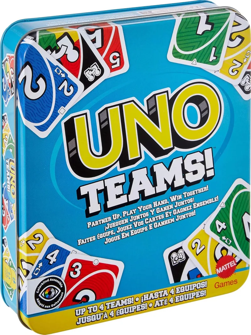 Mattel Games ▫️ UNO Teams – Jogo de cartas para crianças e adultos, noites em família, festas e viagens, com regras especiais para jogar em equipas de duas pessoas, JDM40