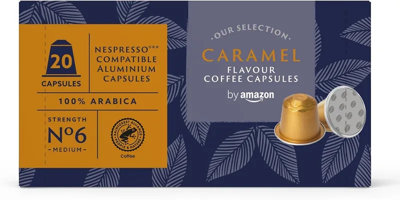 by Amazon ▫️ Cápsulas de café em alumínio com sabor a caramelo compatíveis com a Amazon Nespresso, 20 unidades (1 embalagem de 20), Rainforest Alliance Certified