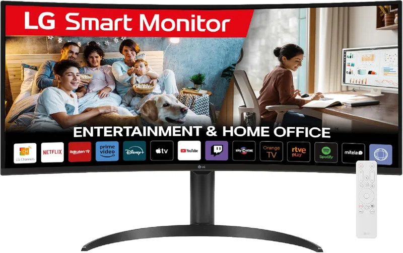 LG ▫️ 34SR65QC-B - Monitor inteligente, 34", ecrã VA, 3440x1440 UWQHD, VA, (21:9), webOS23, 300 nits, com controlo remoto, sem câmara, inclinação ajustável, preto
