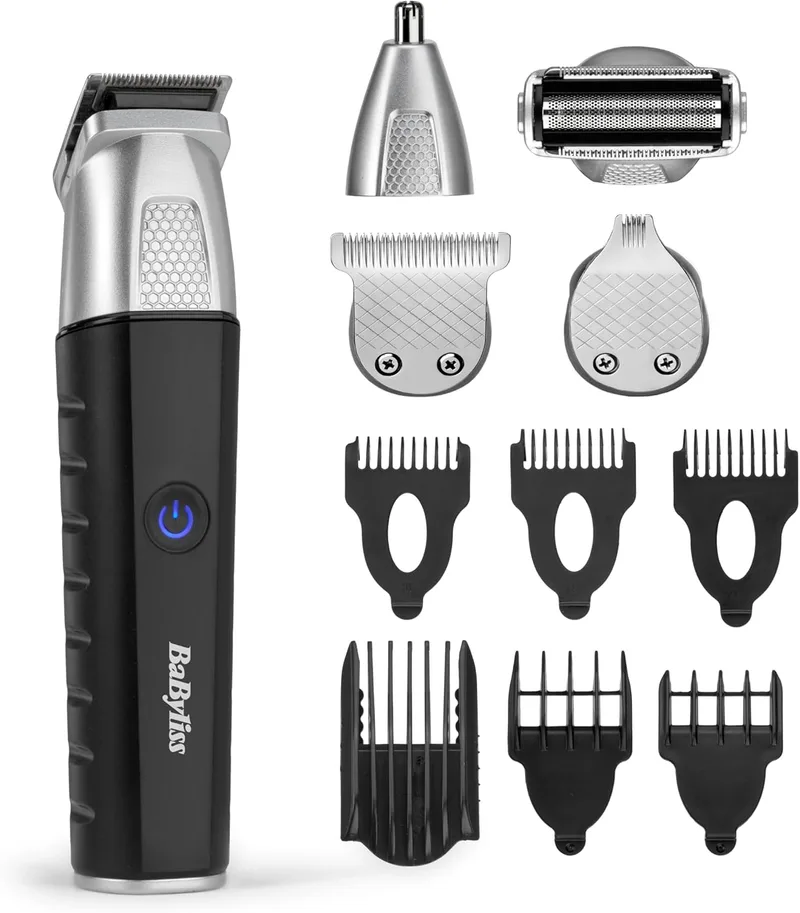BaByliss ▫️ Aparador multifunções 11 em 1 Lithium Power - Kit de aparar pêlos para homem sem fios, máquina de barbear, barbeiro, aparador de pêlos do nariz e do cabelo, à prova de água, presente para homem, preto/cinzento, MT812E