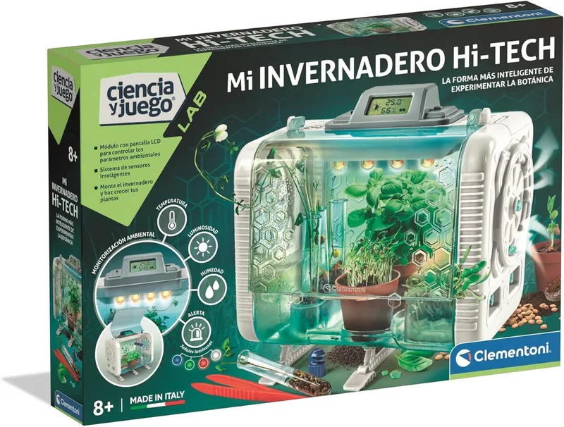 Clementoni ▫️ Estufa tecnológica - Conjunto de botânica para crianças - Experiências com jardinagem e ciência - Controlo da temperatura, humidade e luz - Ecrã LCD - Idade 8+ - 55562