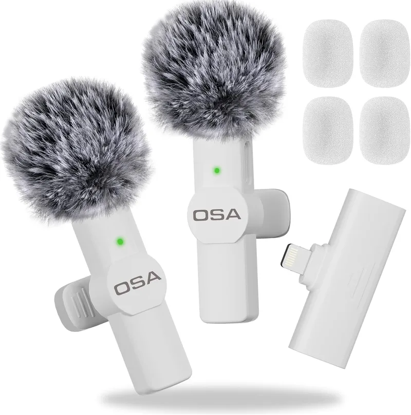 OSA ▫️ Lavalier Microfone móvel sem fios de lapela para gravação de vídeo no iPhone, microfone sem fios para Youtube/entrevista/Vlog, para gravação sem fios no iPhone, conjunto de 2