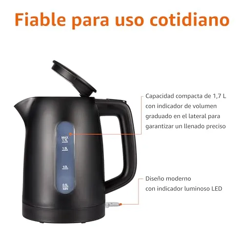 Amazon Basics ▫️ Fervedor elétrico 1,7 L, 2200 W, sem BPA, com base giratória de 360°, desligamento automático e filtro anticalcário removível, preto mate 2
