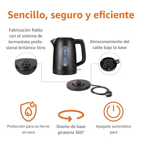 Amazon Basics ▫️ Fervedor elétrico 1,7 L, 2200 W, sem BPA, com base giratória de 360°, desligamento automático e filtro anticalcário removível, preto mate 3