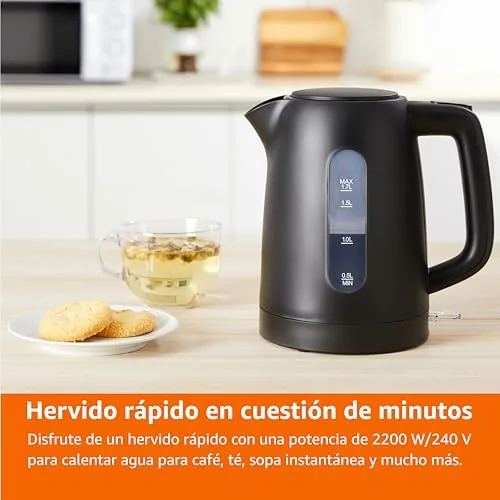 Amazon Basics ▫️ Fervedor elétrico 1,7 L, 2200 W, sem BPA, com base giratória de 360°, desligamento automático e filtro anticalcário removível, preto mate 7