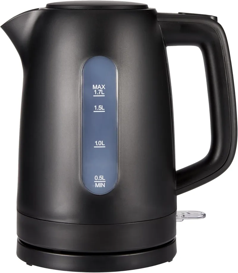 Amazon Basics ▫️ Fervedor elétrico 1,7 L, 2200 W, sem BPA, com base giratória de 360°, desligamento automático e filtro anticalcário removível, preto mate