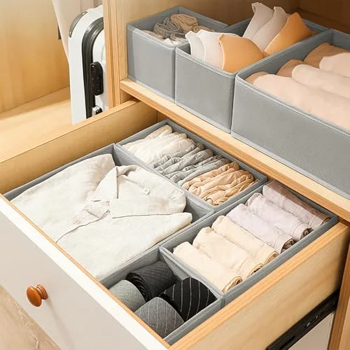 Foeska ▫️ Organizadores de gavetas, separadores dobráveis, organizador de roupeiro para roupa interior de quarto, organizador de camisas, meias e roupa (12 unidades, cinzento) 6