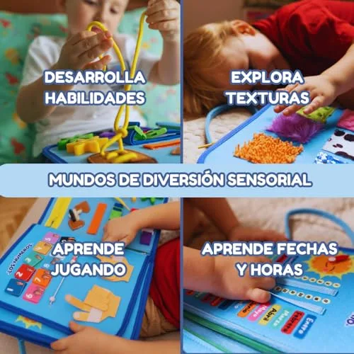 Vebolary ▫️ Quadro de Atividades Montessori EM ESPANHOL – 3, 4 e 5 Anos, Brinquedo Portátil para Viagens, Educativo, Sensorial, para a Motricidade Fina e a Aprendizagem, Livro Montessori de Feltro, Presente para Meninas e Meninos 4