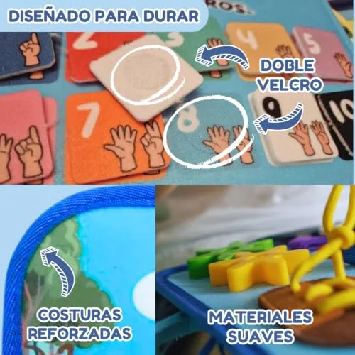 Vebolary ▫️ Quadro de Atividades Montessori EM ESPANHOL – 3, 4 e 5 Anos, Brinquedo Portátil para Viagens, Educativo, Sensorial, para a Motricidade Fina e a Aprendizagem, Livro Montessori de Feltro, Presente para Meninas e Meninos 6