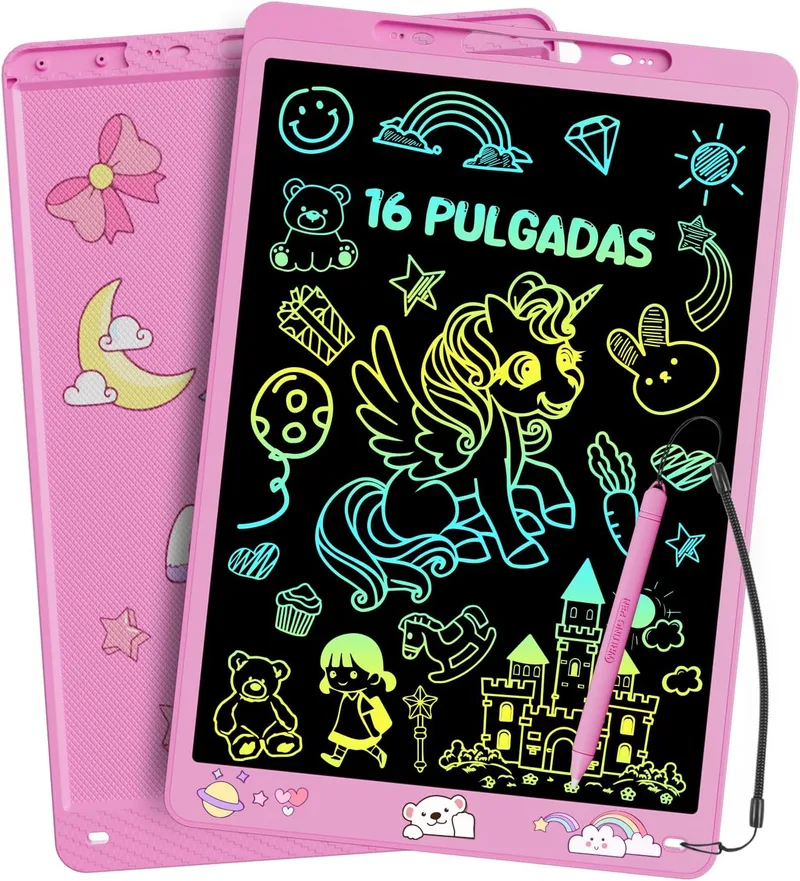 Electight ▫️ Mesa de Escrita LCD a Cores de 16 Polegadas, Quadro de Graffiti com Quadro de Desenho Apagável Portátil para Crianças de 3 4 5 6 7 Anos, Rosa