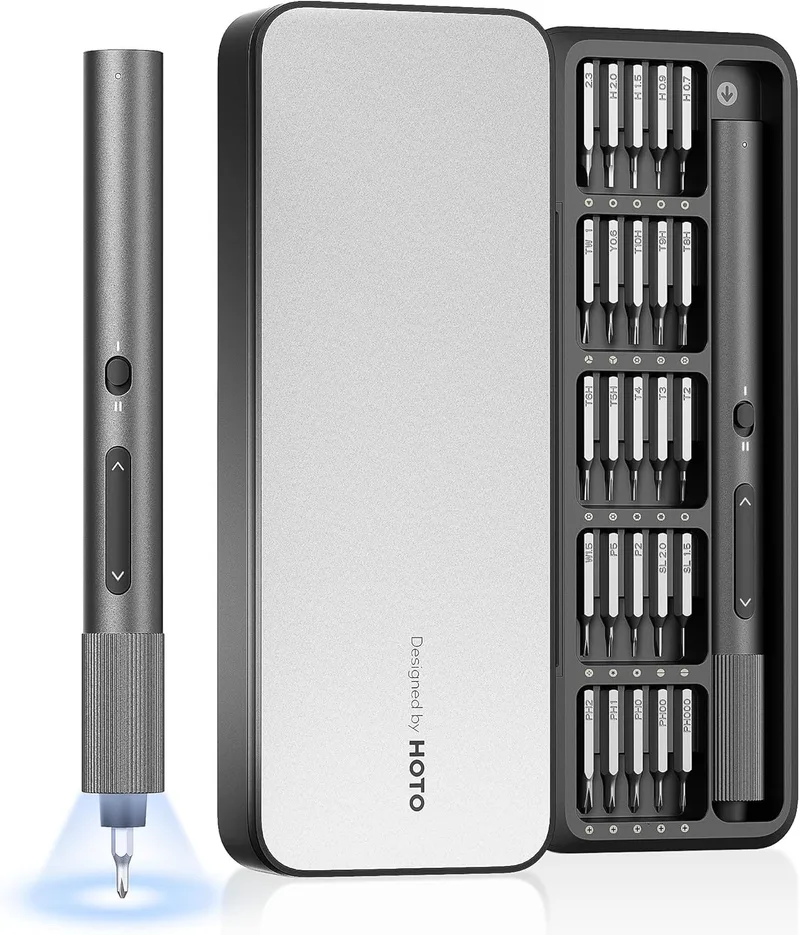 HOTO ▫️ Chave de fendas elétrica de precisão 25 em 1, pontas magnéticas S2 | 170 RPM, 2 níveis de binário, mini-conjunto de chaves de fendas para reparação de óculos e dispositivos eletrónicos