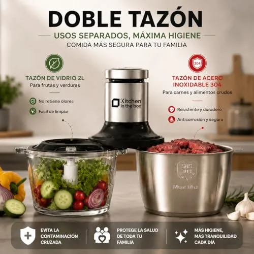 Kitchen in the box ▫️ Picador Elétrico com 2 Taças de 2 L, em Vidro e Aço Inoxidável 2