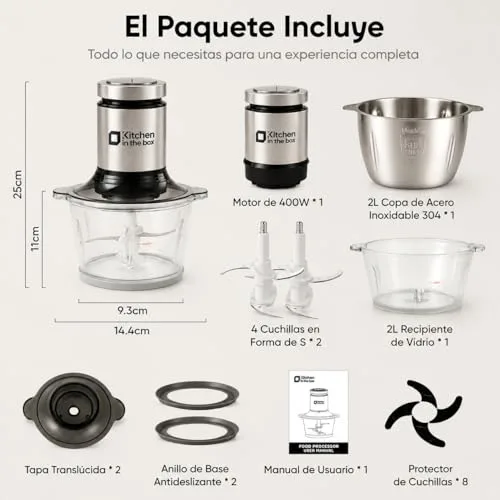 Kitchen in the box ▫️ Picador Elétrico com 2 Taças de 2 L, em Vidro e Aço Inoxidável 6