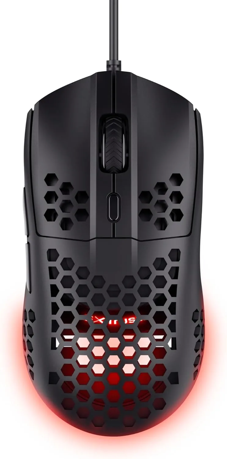 GXTrust ▫️ 928 Helox Ultralight Gaming Mouse 65g, Sensor ótico ajustável de 200-6400 dpi, 6 botões programáveis, Iluminação RGB, Rato para jogos com cabo USB PC Computador portátil, Preto