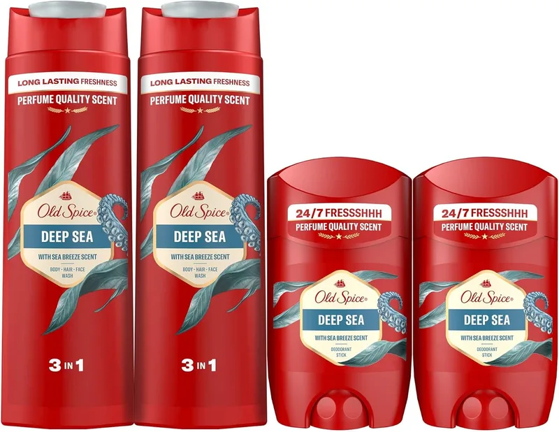 Old Spice ▫️ Deep Sea Men's Deodorant Stick 2x50ml + Gel de Banho & Champô 2x400ml, Uso diário, Fragrância de longa duração, Fragrância excecional, Proteção contra odores