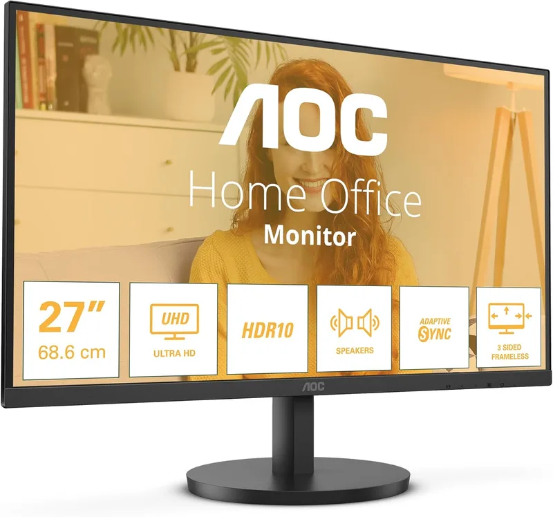 AOC ▫️ Monitor U27B3A de 27 polegadas, 60 Hz, painel IPS, 4 ms GtG, HDR10, altifalantes, (3840x2160, 2 portas HDMI 2.0, 1 porta DP 1.4), Preto