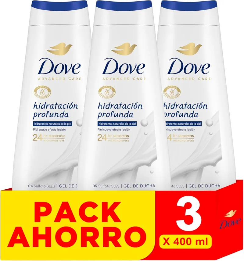 Dove ▫️ Advanced Care Gel de Banho Hidratação Profunda com Ingredientes Hidratantes Naturais, 3 x 400 ml