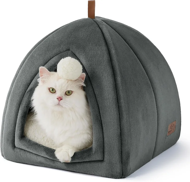 Bedsure ▫️ Cama em forma de gruta para gatos, interior em estilo iglu, em flanela, 40x40 cm | Cama fechada e dobrável para animais de estimação com almofada removível e lavável, cinzento escuro