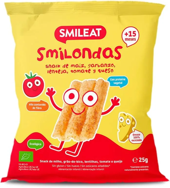 Smileat ▫️ Smilondas | Snack ecológico de milho, grão-de-bico, lentilha, tomate e queijo | Para bebés a partir dos 15 meses | Cozido no forno com ingredientes naturais | Uma alternativa para o lanche | 1 x 25 g