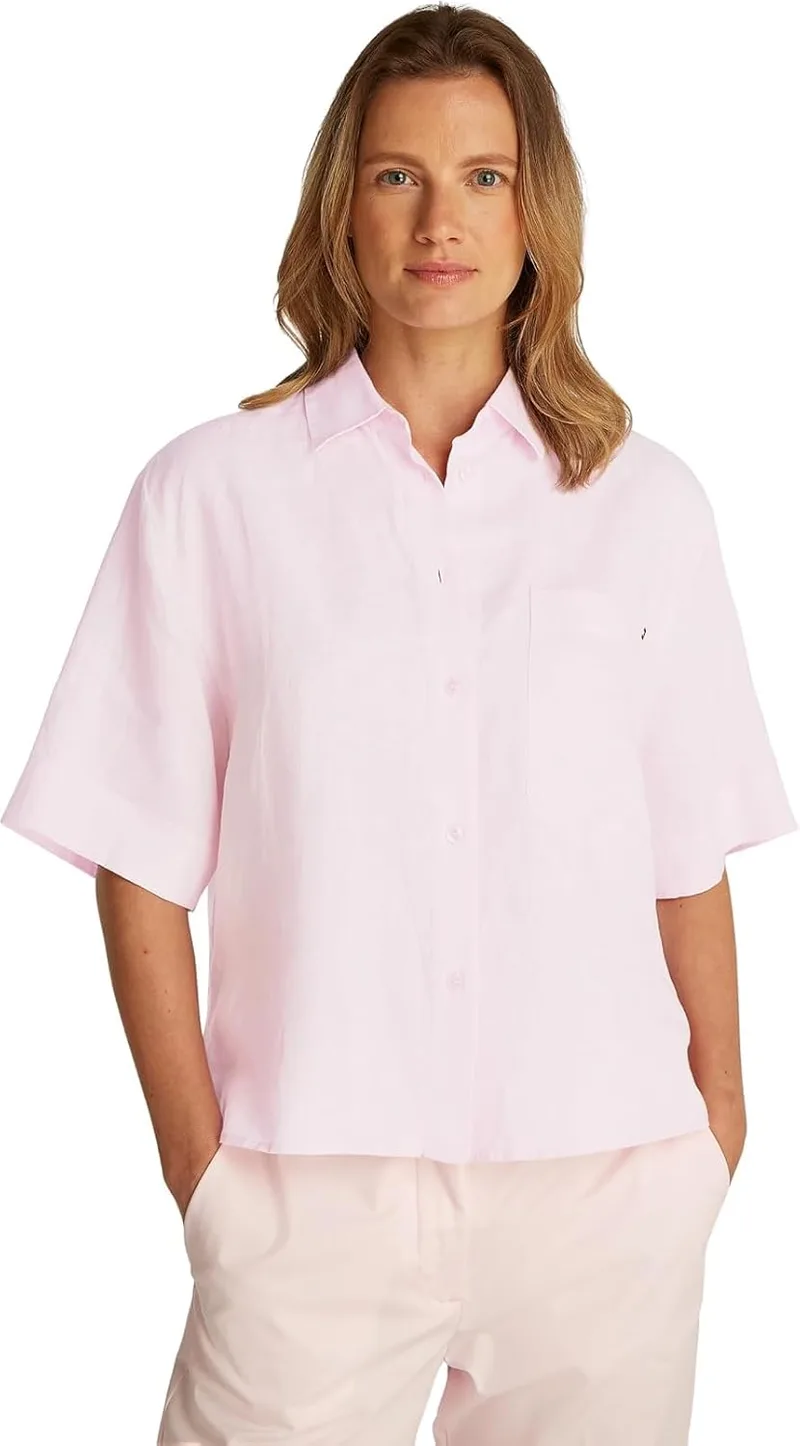 Tommy Hilfiger ▫️ Camisa para mulher, em linho, de corte descontraído e manga curta