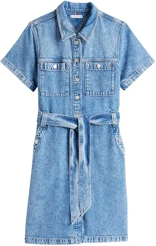 Tommy Hilfiger ▫️ Vestido de ganga para mulher «Ali», com cinto ao joelho e mangas curtas, azul (Ali), 32 3