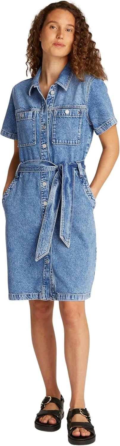 Tommy Hilfiger ▫️ Vestido de ganga para mulher «Ali», com cinto ao joelho e mangas curtas, azul (Ali), 32