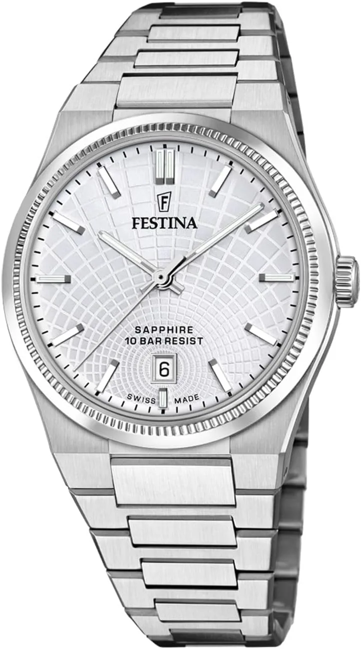 Festina ▫️ Swiss Made Relógio analógico para homem em aço inoxidável 316 com banho de prata - Quartzo - Calendário - Cristal de safira de alta resistência - Resistente à água 10 ATM F20051/1 Coleção Rive