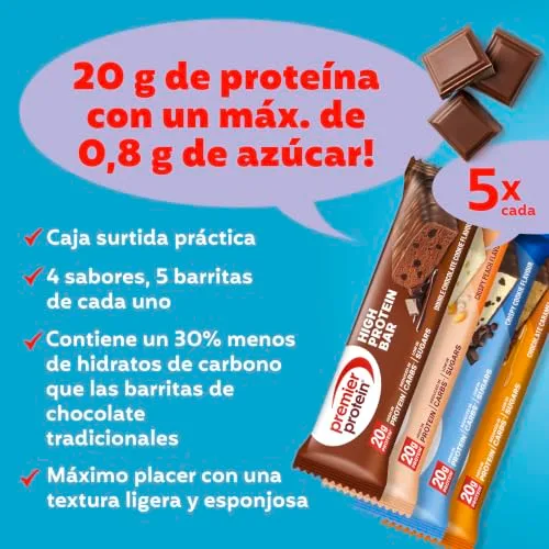 Premier Protein ▫️ Barra rica em proteínas 50% - Caixa com vários sabores - 20x40 g - Baixo teor de açúcar - Baixo teor de hidratos de carbono - Barra rica em proteínas 5