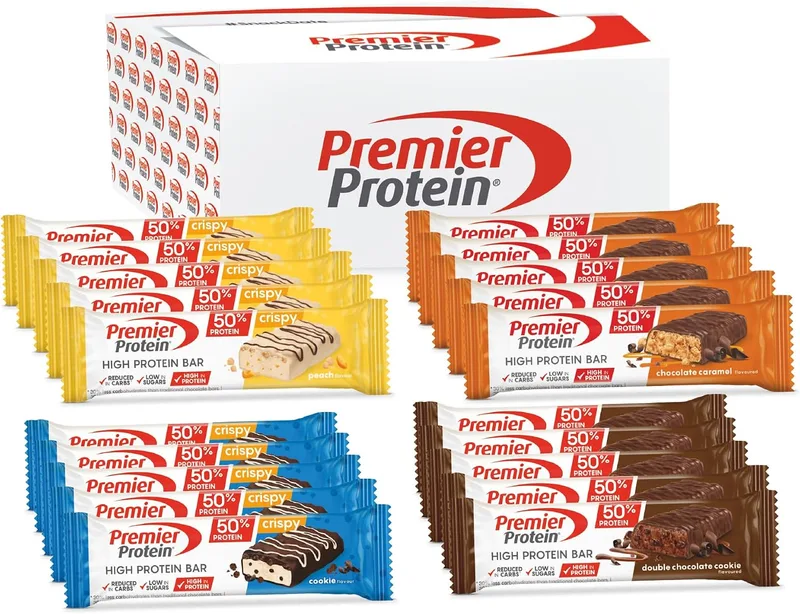 Premier Protein ▫️ Barra rica em proteínas 50% - Caixa com vários sabores - 20x40 g - Baixo teor de açúcar - Baixo teor de hidratos de carbono - Barra rica em proteínas