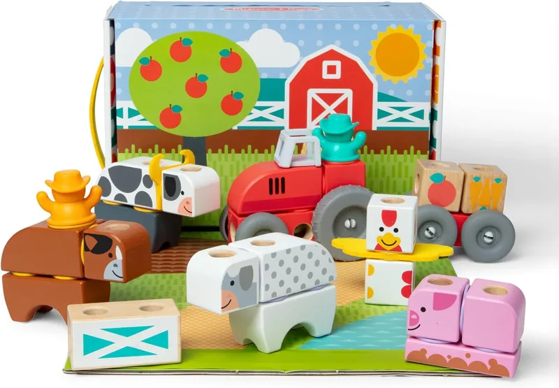 Melissa & Doug ▫️ Conjunto de Brinquedos «Quinta»: Blocos de Construção com Animais de Brinquedo em Madeira para Crianças, 56 peças - 6074894 - Brinquedos para crianças a partir dos 2 anos - Presente para crianças a partir dos 2 anos - Montessori - Certificados FSC