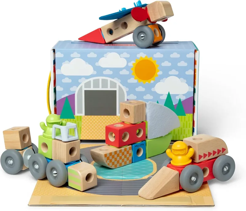 Melissa & Doug ▫️ Conjunto de brinquedos de veículos: blocos de construção para crianças com carro, barco e avião de madeira, 54 peças - Brinquedos para crianças a partir dos 2 anos - Presente para crianças a partir dos 2 anos - Montessori - Certificados FSC