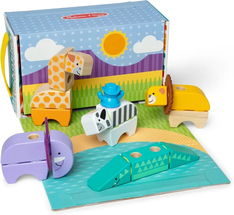 Melissa & Doug ▫️ Safari Play Set: Blocos de construção para crianças com animais de brinquedo em madeira, 34 peças - 6074903 - Brinquedos para crianças 2 anos + - Montessori - Montessori - Certificado FSC - 2 anos + - Presente para crianças - Certificado FSC