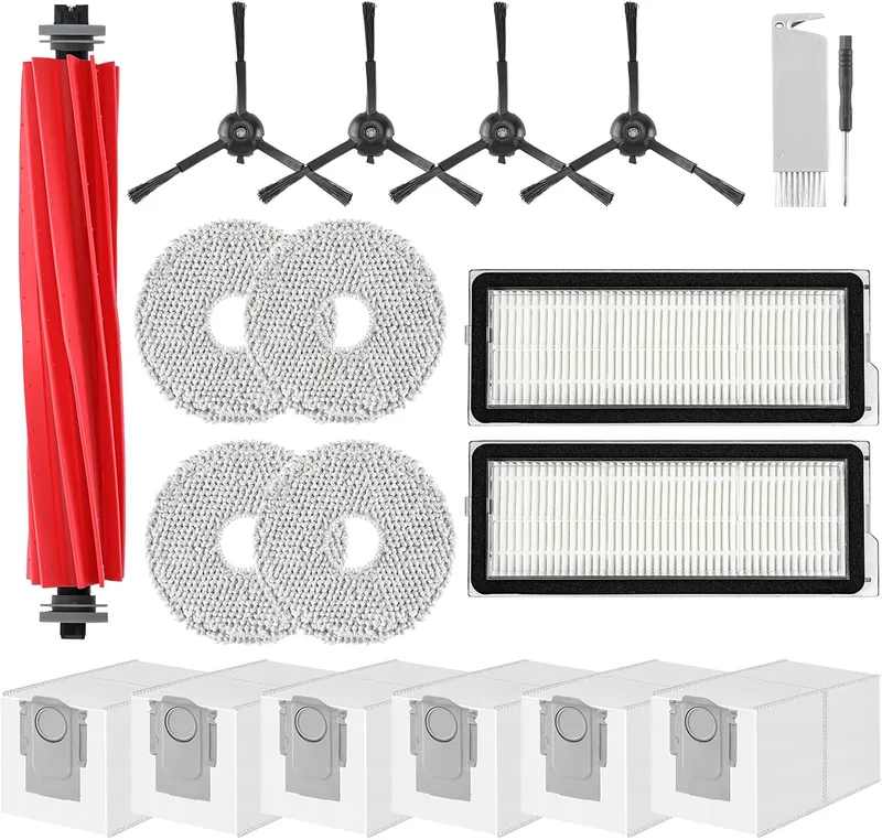 VIEWALL ▫️ Acessórios para o aspirador Roborock Qrevo Pro e Qrevo S: 1 escova principal, 2 filtros HEPA, 6 sacos para o pó, 4 toalhetes, 4 escovas laterais (pretas), 1 escova, 1 chave de fendas
