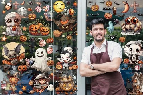 VAWcornic ▫️ 12 folhas de autocolantes de Halloween de grandes dimensões para janelas, com motivos de morcegos, aranhas, vampiros e bruxas, autocolantes de Halloween para janelas 4