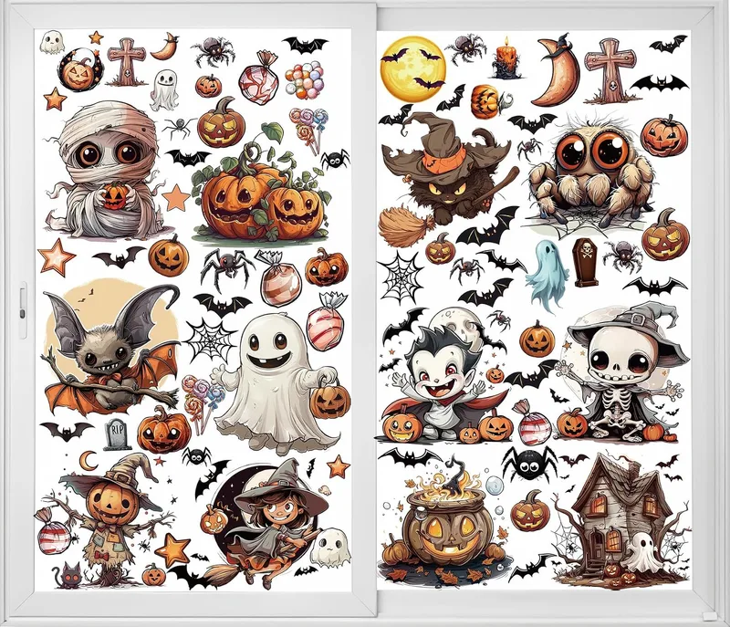 VAWcornic ▫️ 12 folhas de autocolantes de Halloween de grandes dimensões para janelas, com motivos de morcegos, aranhas, vampiros e bruxas, autocolantes de Halloween para janelas