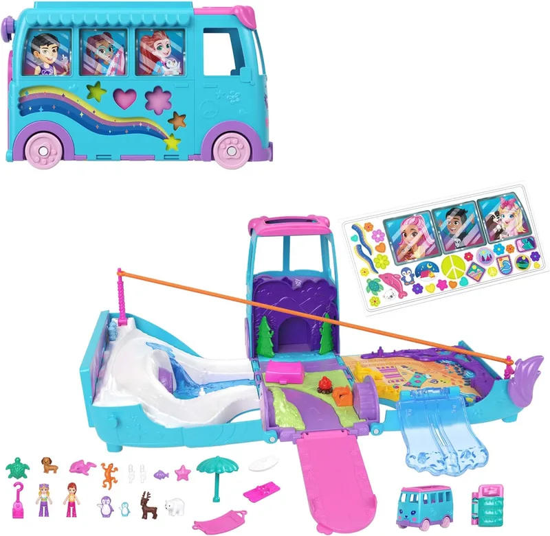 Polly Pocket ▫️ Aventura na Autocaravana dos Animais de Estimação – Conjunto de brinquedos com bonecas e autocaravana transformável, com acessórios como animais de estimação e veículo de brincar, JCC22