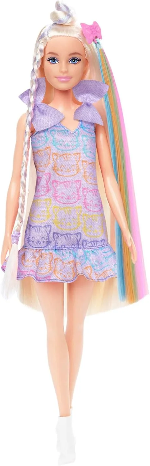 Barbie Fun & Fancy Doll e acessórios, boneca loira com cabelo extra longo e 2 fatos, inclui um vestido metálico prateado e extensões de cabelo, JCT72
