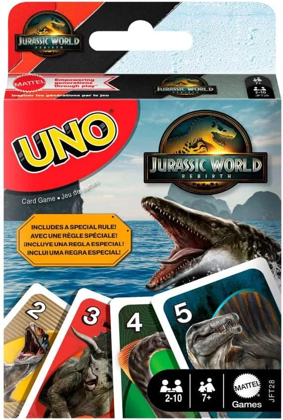 Mattel Games ▫️ UNO Jurassic World: O Renascimento. Jogo de cartas para meninos e meninas, famílias e noites de jogos entre adultos, baralho com regras especiais e imagens inspiradas no filme, JFT28