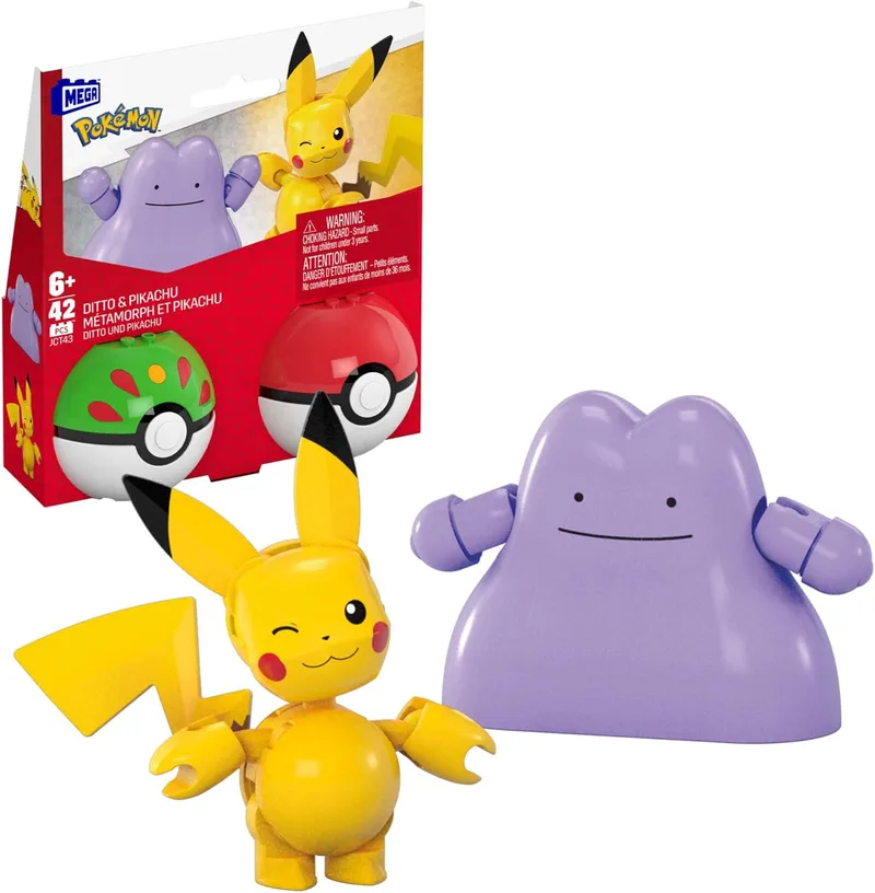 Mega Brands ▫️ Conjunto de construção MEGA Pokémon Action Figure, pacote de duas Poké Balls, Pikachu e Ditto, 42pcs, para rapazes e raparigas, JCT43