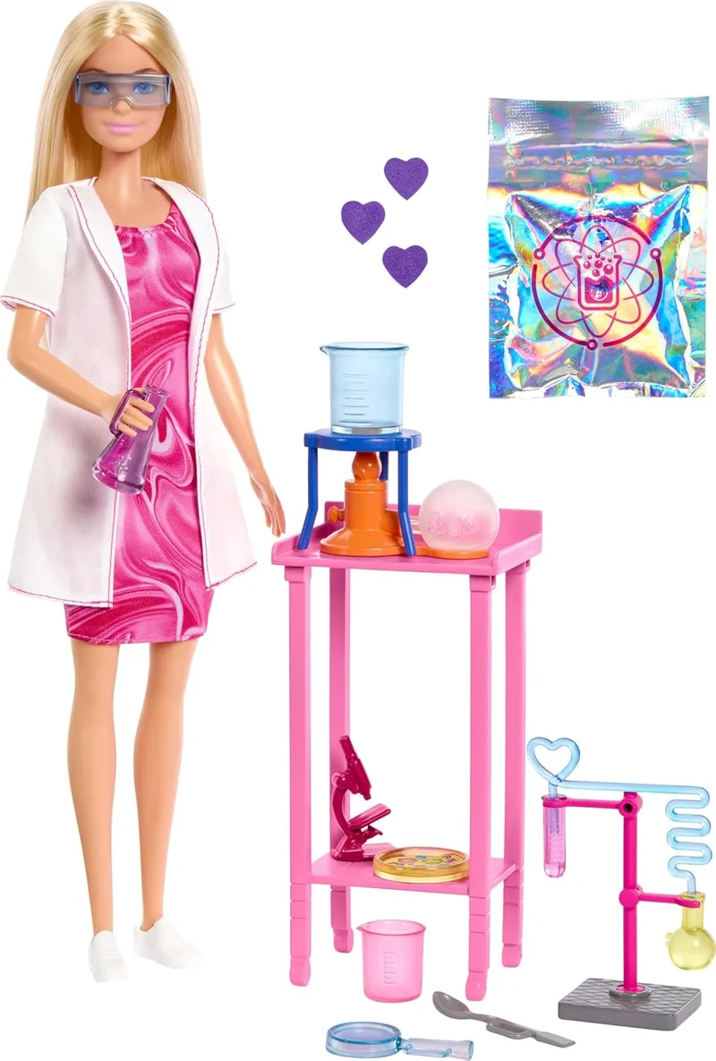 Barbie Science Doll e acessórios com boneca loira fashion, bancada de laboratório, microscópio e acessórios, tubo de ensaio que muda de cor e placa de Petri, JCR70