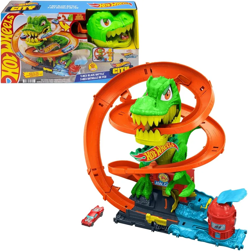 Hot Wheels ▫️ Conjunto de pista T-Rex Battle in Flames, conjunto de jogo com pista de metal à escala 1:64 e camião de bombeiros, 45,72 cm de altura, diferentes resultados de corrida, JBM73