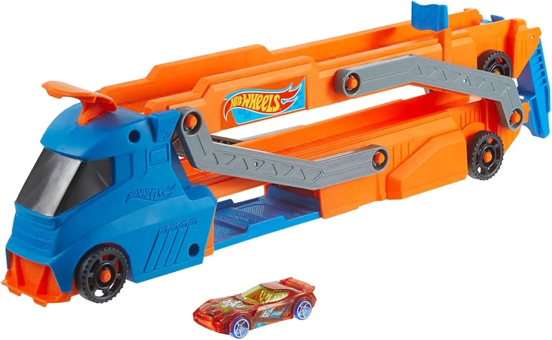 Hot Wheels ▫️ Pista, camião de transporte e carro de brincar; camião grande que se transforma numa pista de corridas com mais de 76 cm, com carro de brincar à escala 1:64, HYT83